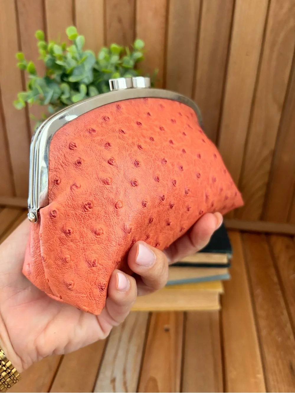 Vintage styled Ostrich Textured Kiss Lock Mini Clutch in Coral, Vegan Leather